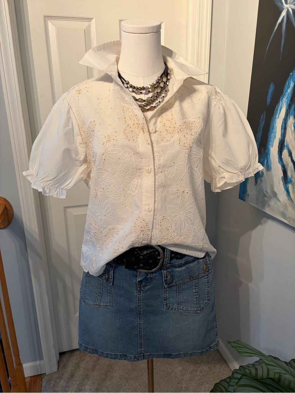 Cream Embroidered Puff-Sleeve Button Down Blouse